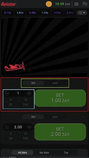 Aviator mobile interface with Bet and Auto panels on a phone screen